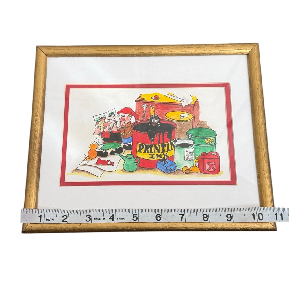 Santa Clause & His Elves Wall Decor Re-Drawn Painted Gold Frames Set of 3 - Picture 11 of 16